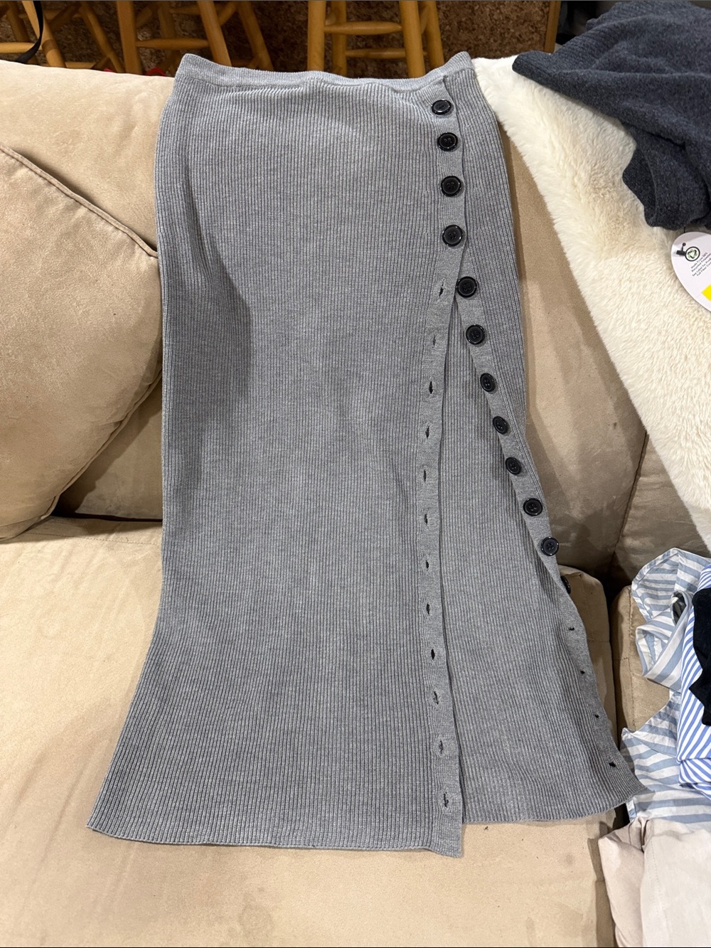 Ribbed Button-Detail Maxi Skirt - Gray